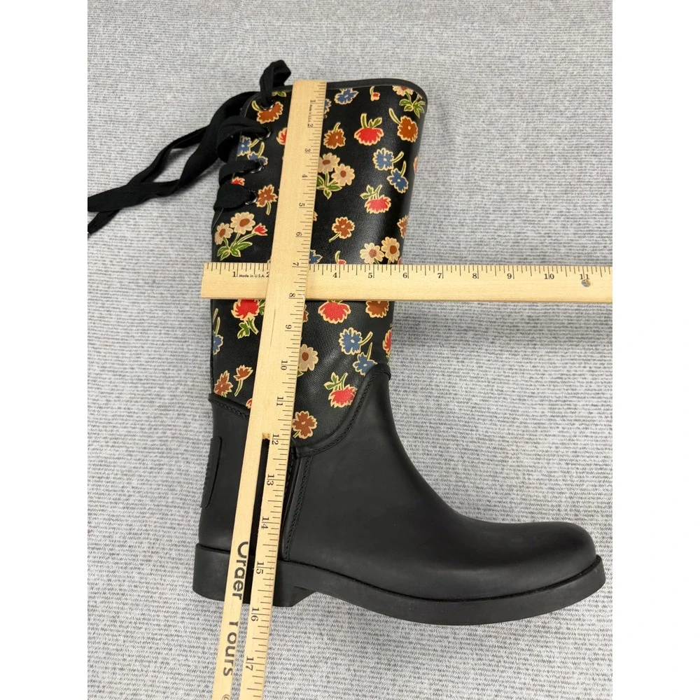 Coach Tristee Floral Rain Boots Black Matte Rubber Tall Lace Back Womens 8B